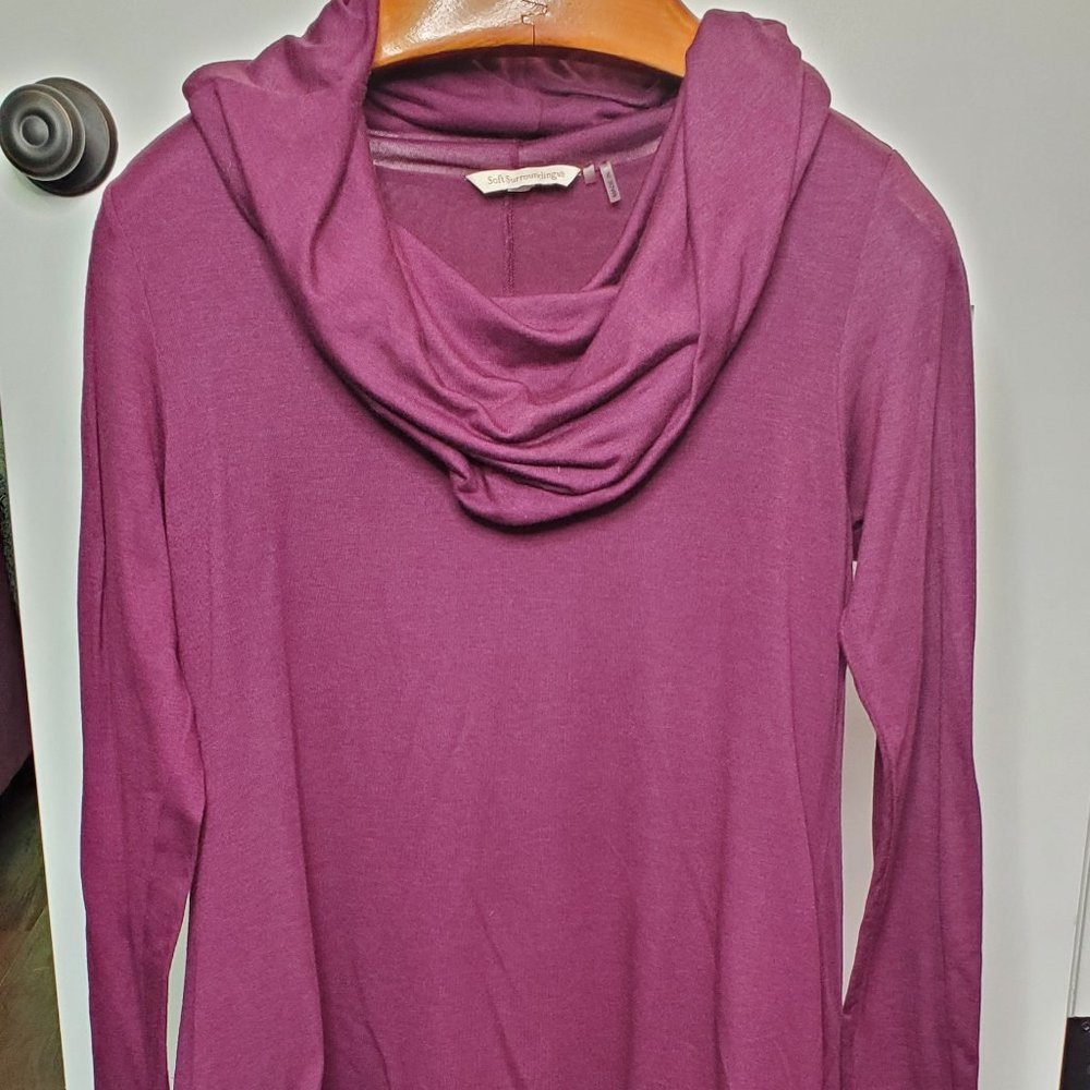 Soft Surroundings Women's Med Maroon Cowl Neck Tunic Long Sleeve Roll Tab Top.